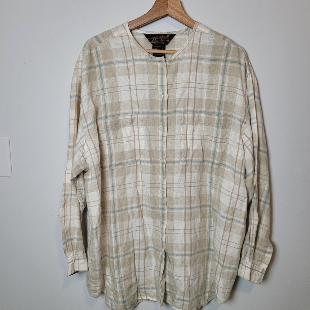 Eddie Bauer Vintage Size Medium Button Shirt Tunic Blouse Oversized Plaid Linen